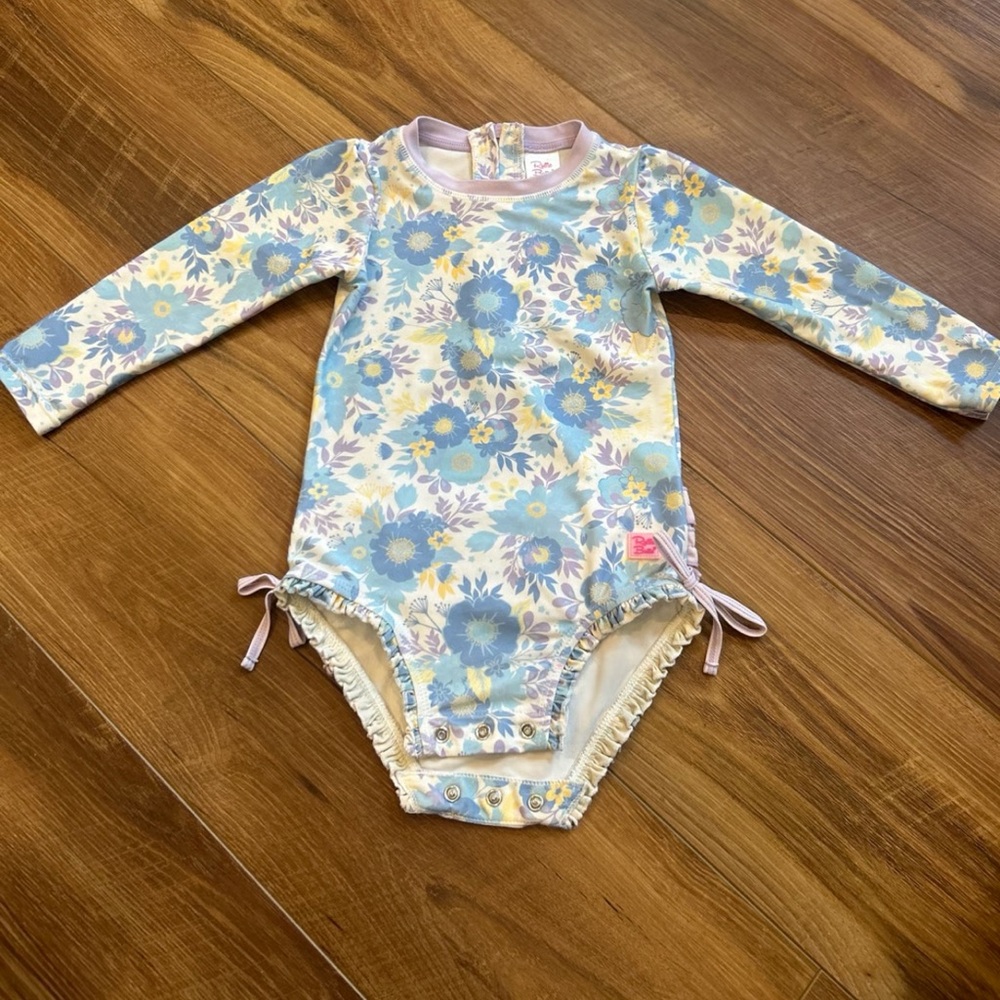 Ruffle Butts Blue and Yellow Floral Rash Guard Swimsuit 6-12m